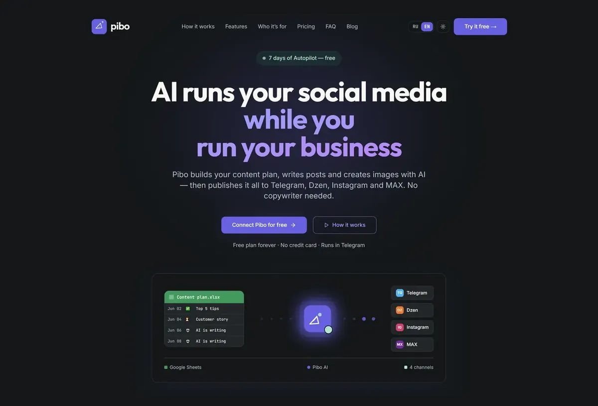 Preview of the home page of Pibo — AI crossposting
